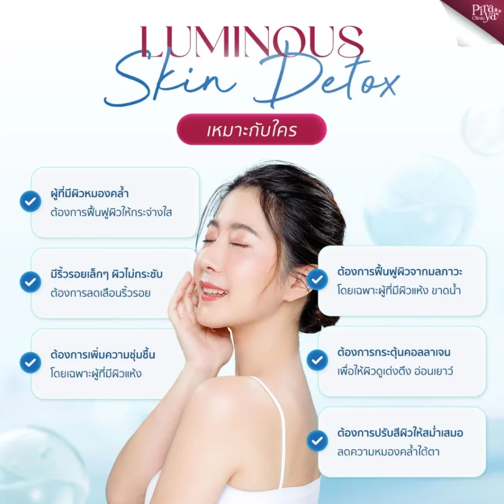 Luminous Skin Detox เหมาะกับใคร, ดีท็อกซ์ผิว, คืนความกระจ่างใส, ทรีตเมนท์ผิวหน้า, piraya clinic, ภิรญา คลินิก, คลิกนิกความงาม, คลินิก, ทำหน้า, หัตถการ, เมืองทอง, ทรีตเมนท์
